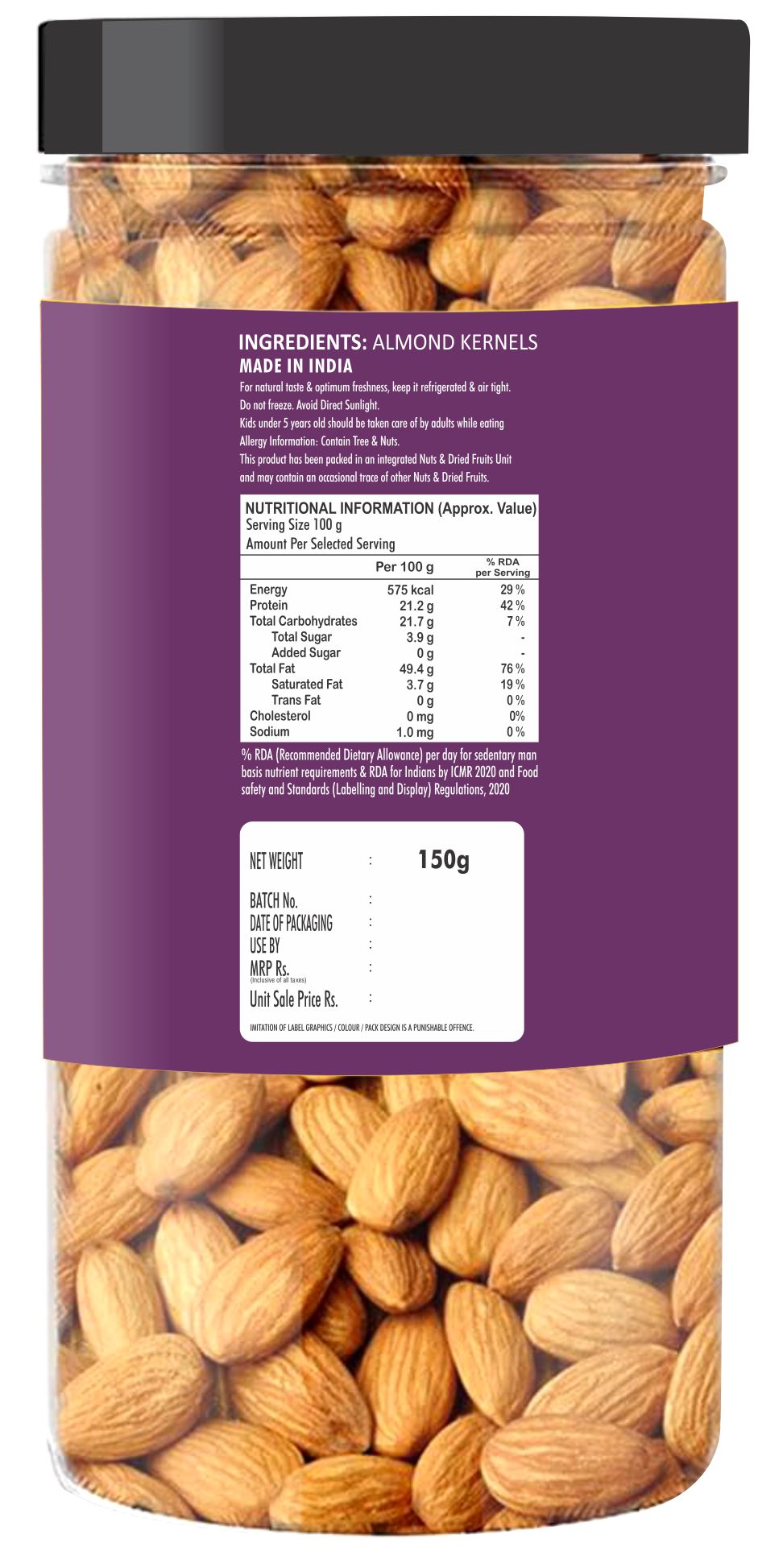 LALI BALAJI CALIFORNIA ALMONDS 150g JAR